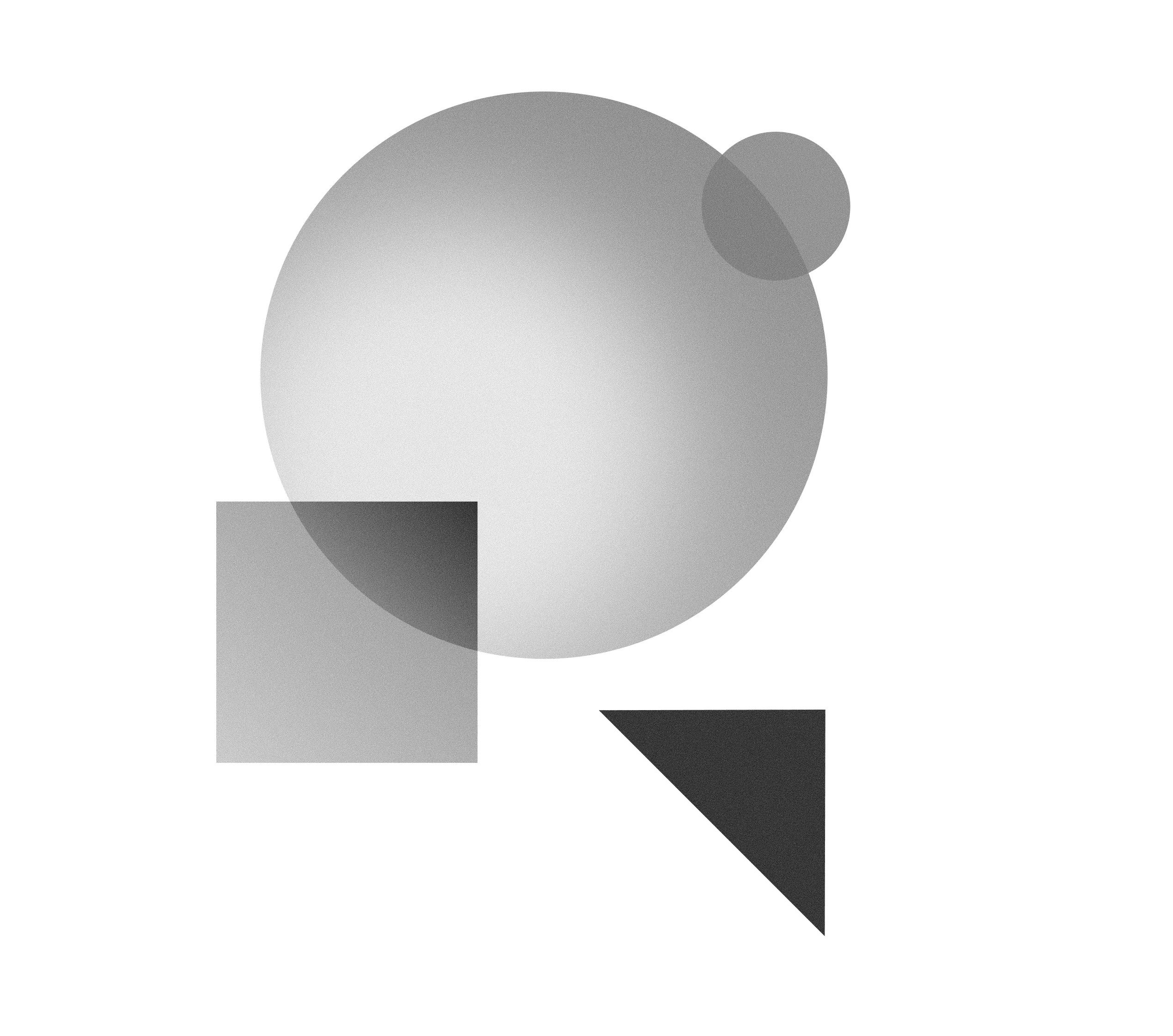 Grayscale abstract composition of a circle, square, and triangle